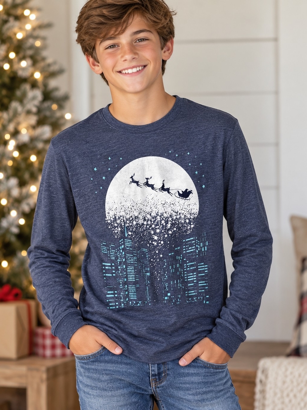 Cat & Jack Boys XL 16 Christmas Santa Reindeer City Graphic Long Sleeve Tee